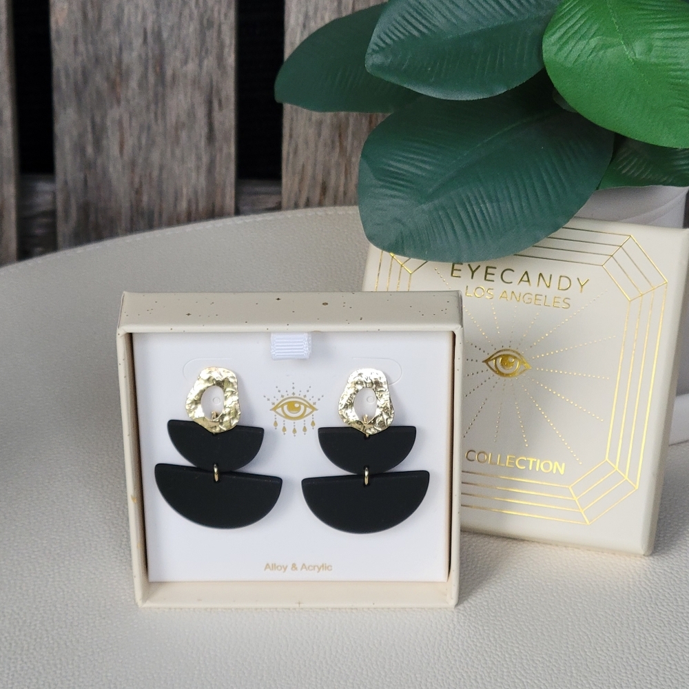 Eye Candy alloy & black acrylic semi circle dangle brass post back earrings - Picture 6 of 6